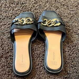 Time and Tru Black Sandals with Gold Chain Accent